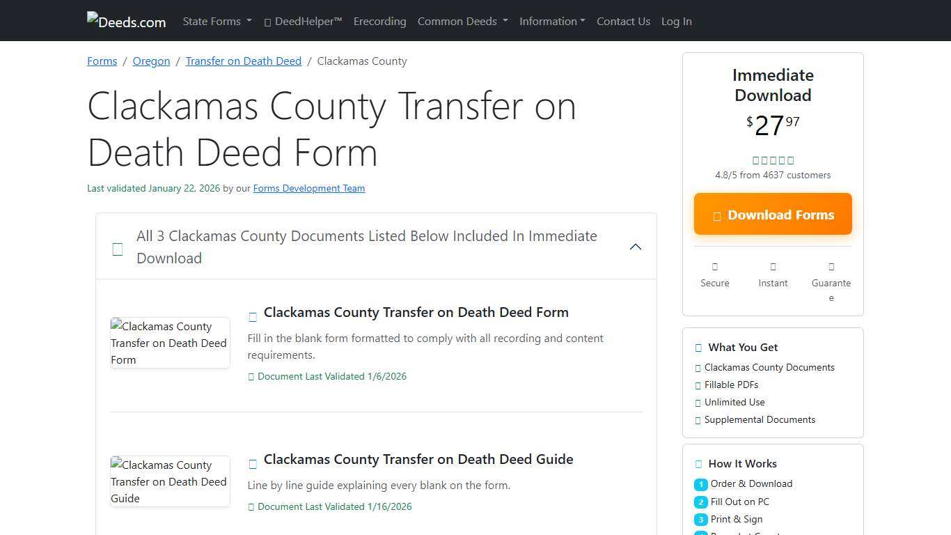 Clackamas County Transfer on Death Deed Form Oregon Deeds.com